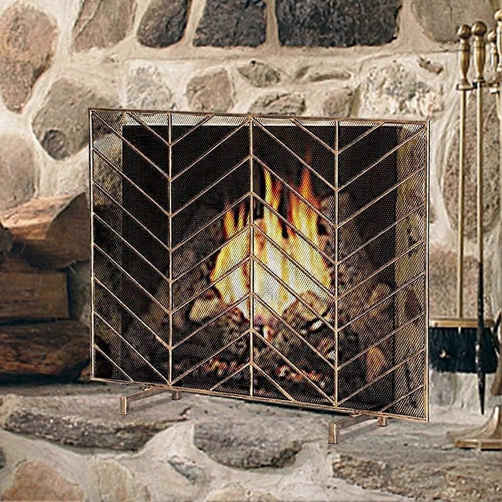 Wrought Iron Fireplace Screen Spark Guard with Mesh, Geometric Design, Child and Pet Safety, 99cm