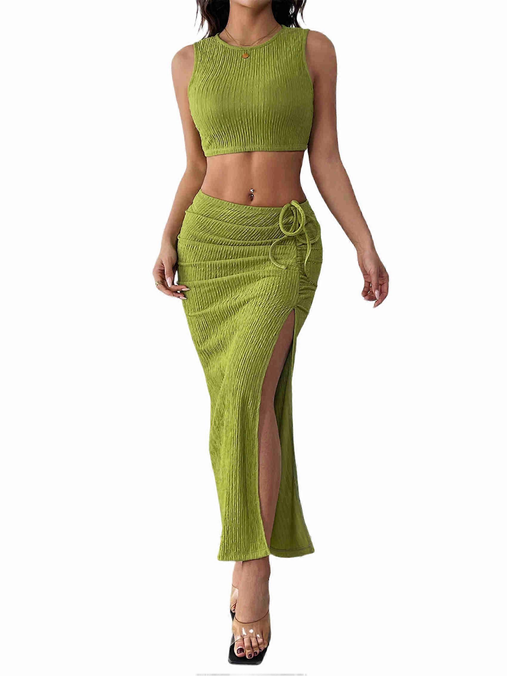 Simple Solid Color Ladies Two Piece Suit Green M