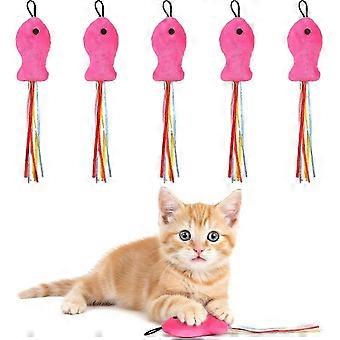 5 stuks kattenspeelgoed: roze rode visjes, hoogwaardige kattenspeeltjes met lintjes en kattenkruid, ideaal voor binnenkatten om te bewegen en te spelen.