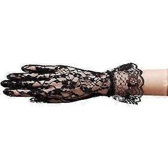 Flower Pattern Women's Lace Gloves with Ruffle Wrist Length Black