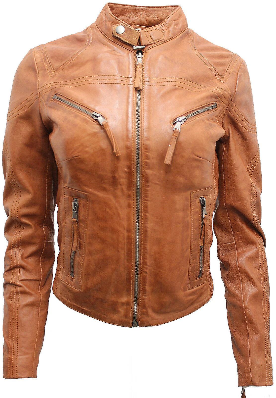 Women's  Tan Leather Biker Jacket