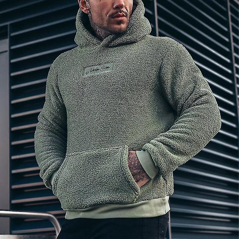 Fashion Solid Warm Fleece Woolen Hoodie Top Men Autumn Winter Long Sleeve  Hooded Sweatshirts Casual Loose Pullover For Mens