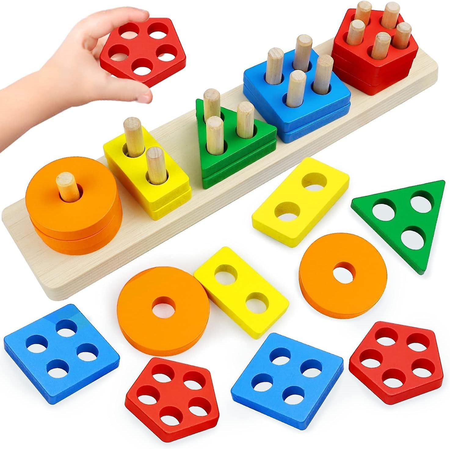 Developmental Toys for 2 3 4+ Years Old, Wooden Toys Shapes Sorting Stacking Color Sorting Game, Mon