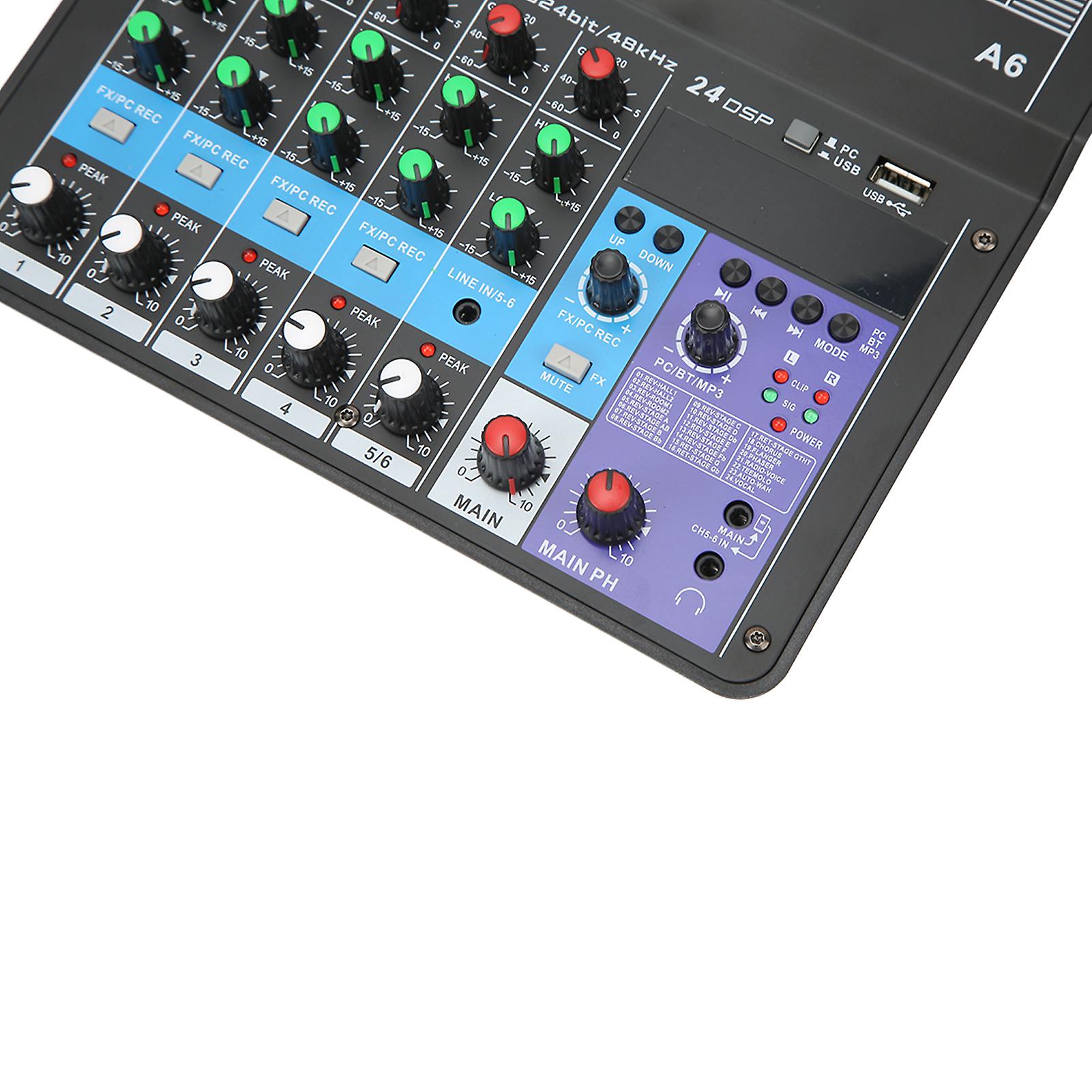 USB Mixing Console, Mini Mixer, Voice Recording, BT Sound Card, 6 Channel Mixer for Home Music Production, Live Streaming, Singing, EU Plug 100-240V