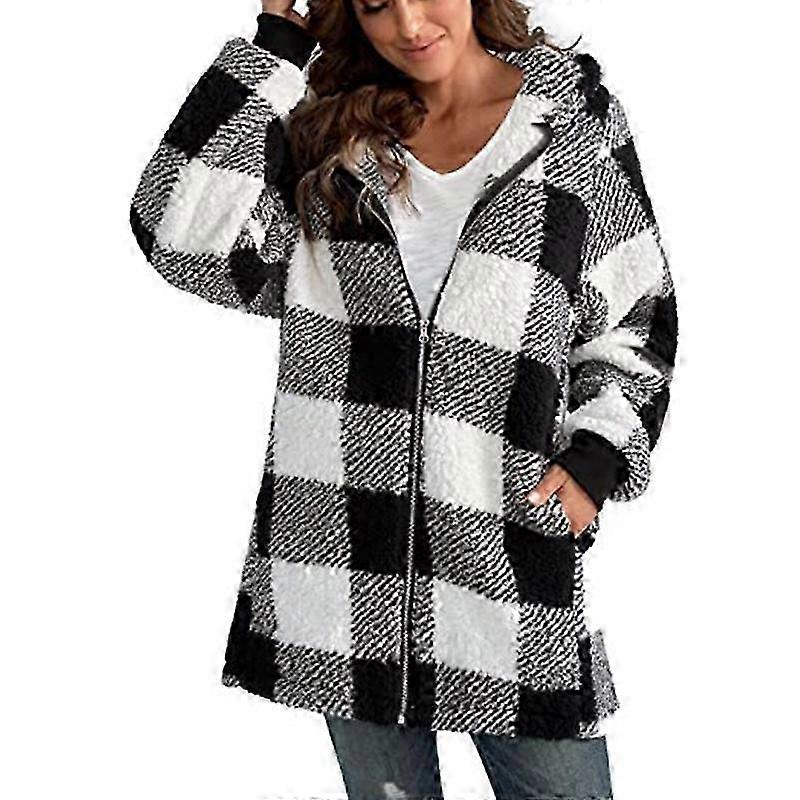 Giacca a maniche lunghe da donna Moda Plaid Peluche Comodo top con cappuccio con cerniera con tasche Giacca casual sciolta