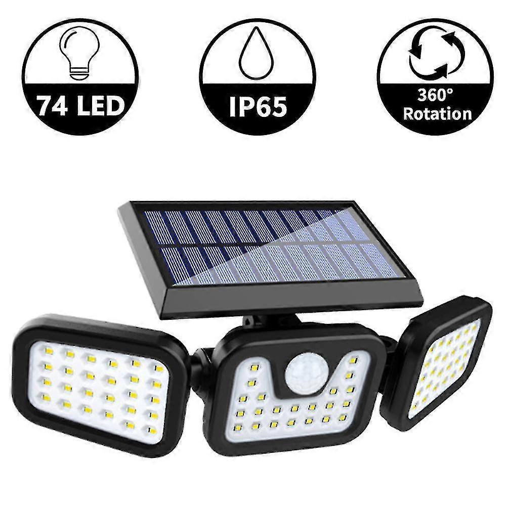 Solar Security Lights, 3 Head Motion Sensor Lights Adjustable 74 Led Flood