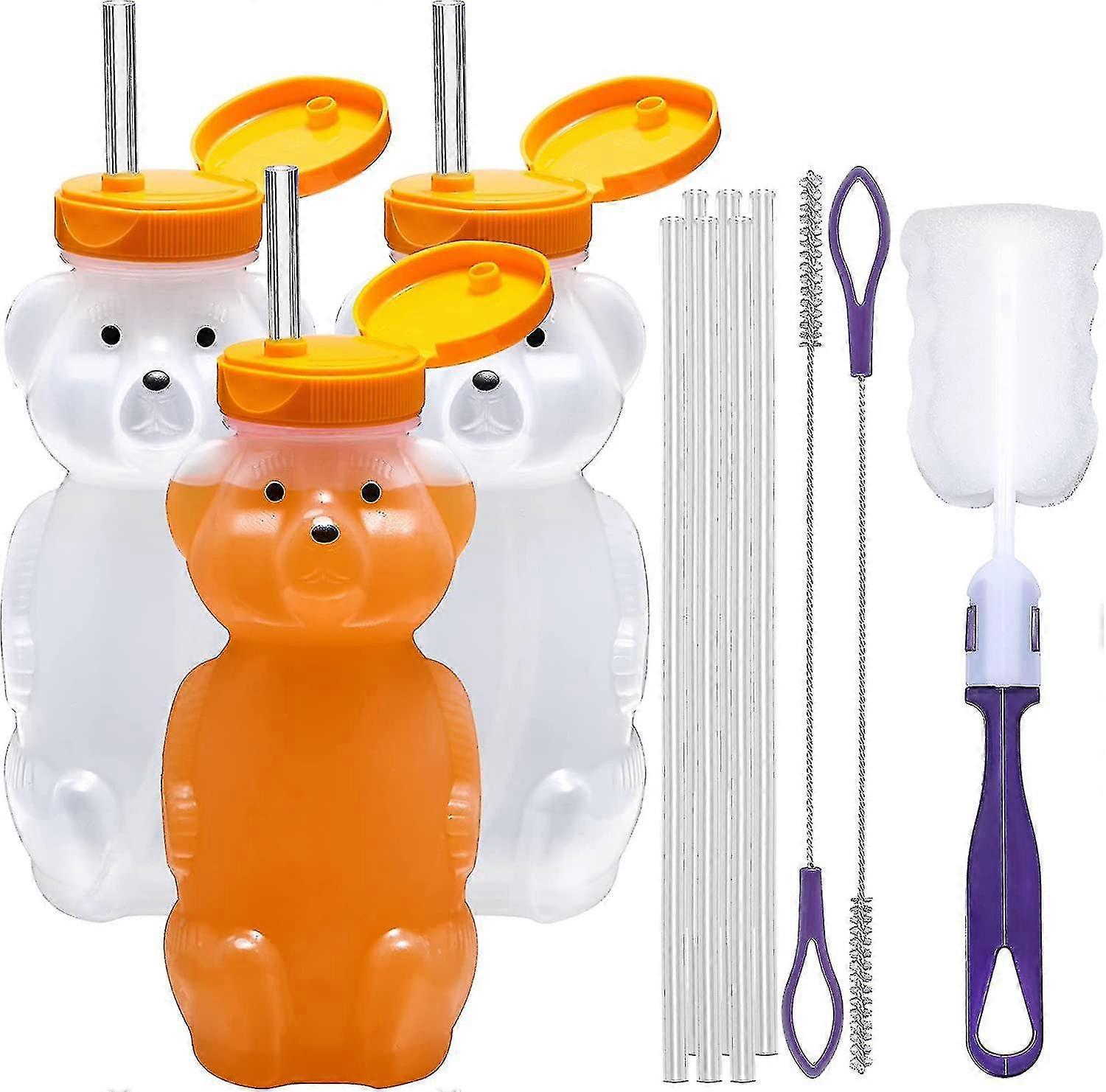 Kryc-honey Bear Straw Cup Long Straws, 3-pack Squeezable Therapy And Special Needs Assistive Drink Container, Spill Proof And Leak Resistant Lid