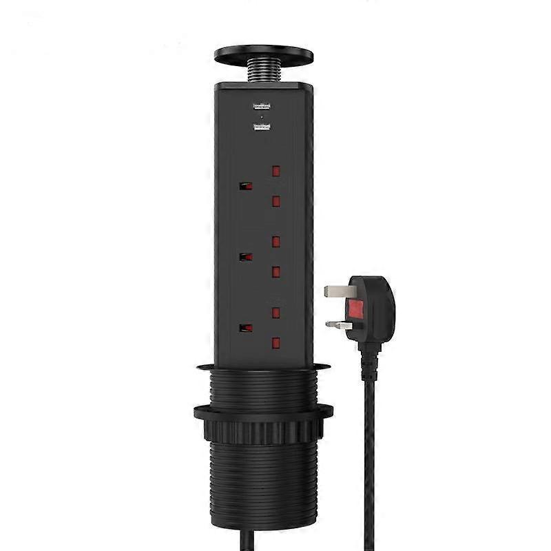 Pull Pop Up Power Sockets for Kitchen Worktops Electrical Plug Socket with 2 USB Charging Ports - Black