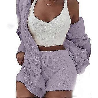 Women's Winter Plush Home Wear Casual 3 Piece Pajamas Long Sleeved Fluffy Hooded Jacket with Open Front Coat &Shorts & Vest Suit Keep Warm Clothes(XL)