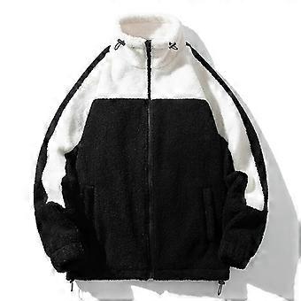 Men's Lamb Wool Coat Autumn Winter Fleece Stand Collar Warm Jacket Windproof Patchwork Color Parka Men Clothes MWM178 Black