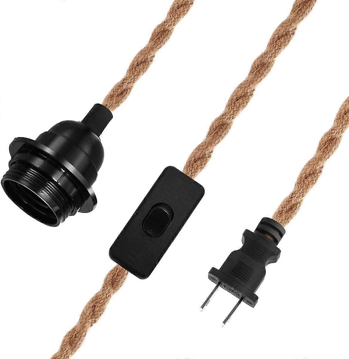 Vintage Plug in Hanging Light Kit, Vintage 15FT Twisted Hemp Rope Pendant Light Cord Kit with On/Off Switch, Industrial Pendant Lighting E26 Socket f