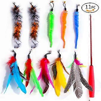 Cat Feather Toy, 1pcs Retractable Cat Wand Toys And 10pcs Replacement Teaser With Bell Refills, Interactive Catcher Teaser