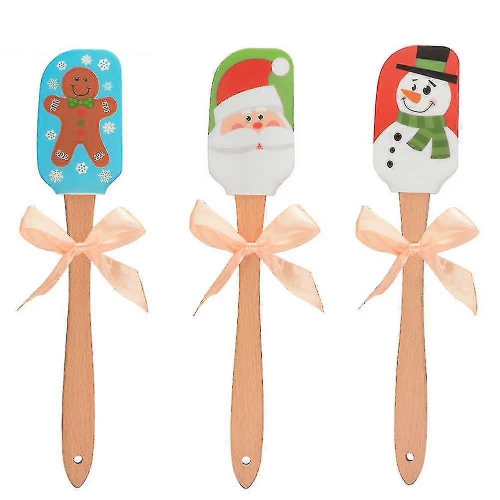 3pcs Christmas Silicone Spatula Set With Wooden Handle Snowman Gingerbread Man And Santa Claus Pattern Spatulas