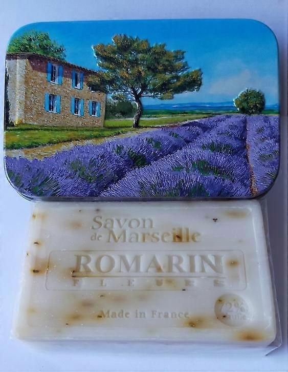 Metal soap tin with print Vue Provence with Marseille soap Rosemary 100 grams