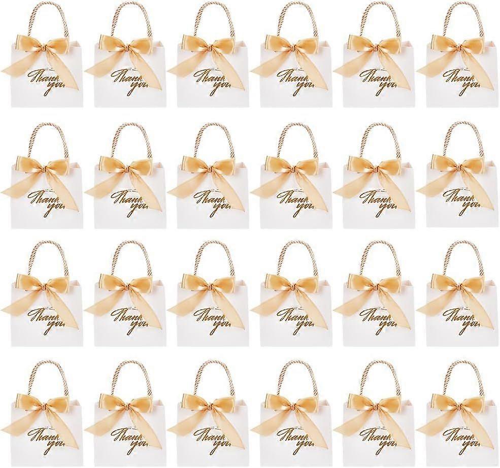 24 Sets Thank You Gift Bags Party Favor Bags with Handle and Bow Ribbon 4.7x5.5x2.4inch Kraft Paper Gift Bag with Gold Foil Printed for Birthday Weddi