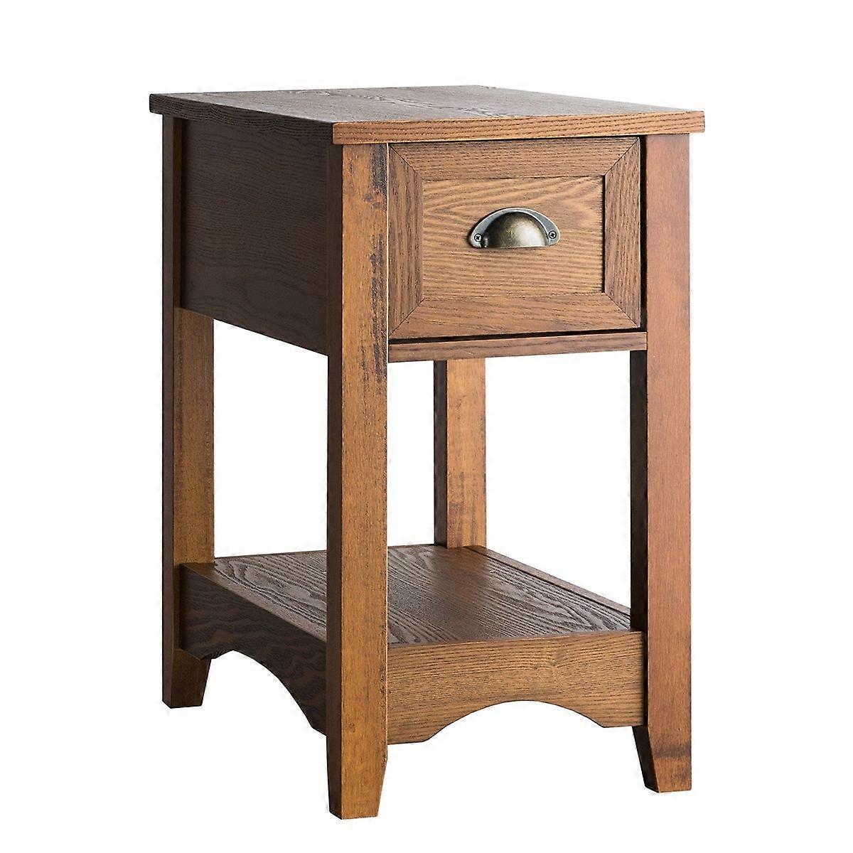 Retro Side Table with Drawer & Shelf Rubber Wooden Legs for Living Room & Bedroom Yellow-Brown