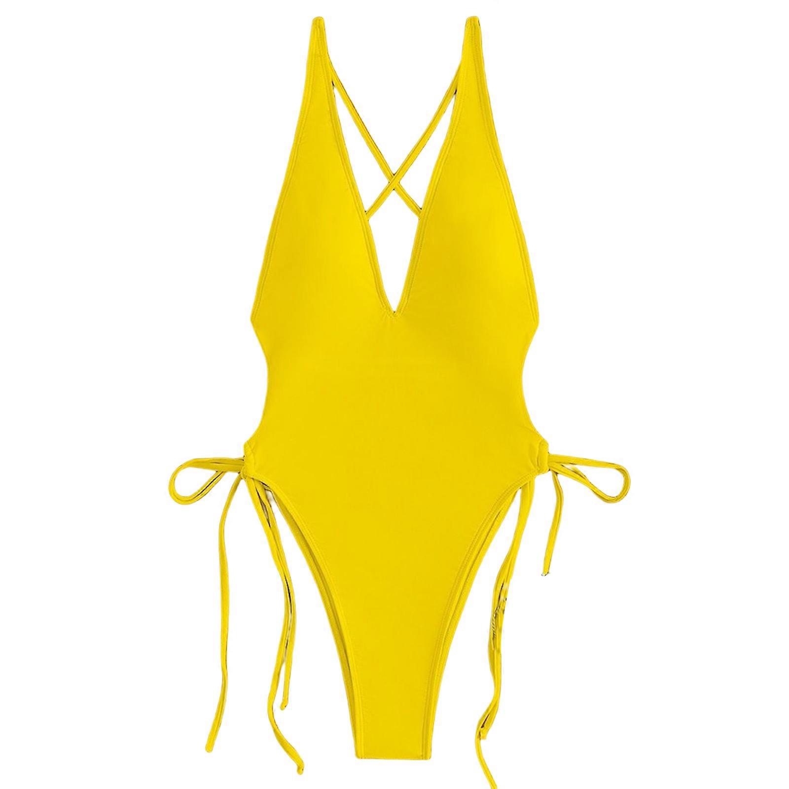 Femmes Col V Profond Crisscross Dos Une Pièce Maillot De Bain Haute Cravate Côté Maillots De Bain Jaune L