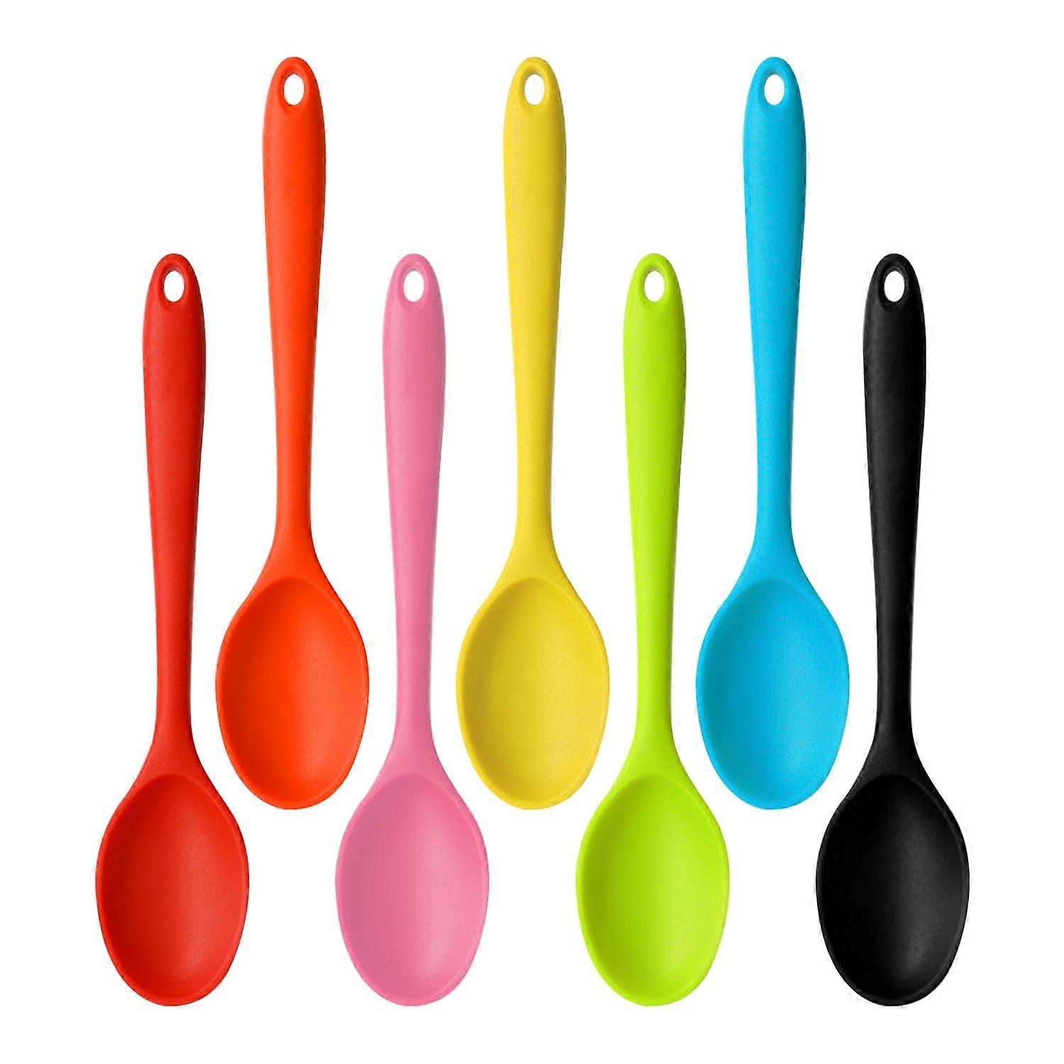 Silicone Cooking Spoons Set of 7, Stainless Steel Handle, Non-Stick Serving and Mixing Utensils for Kitchen and Salad
