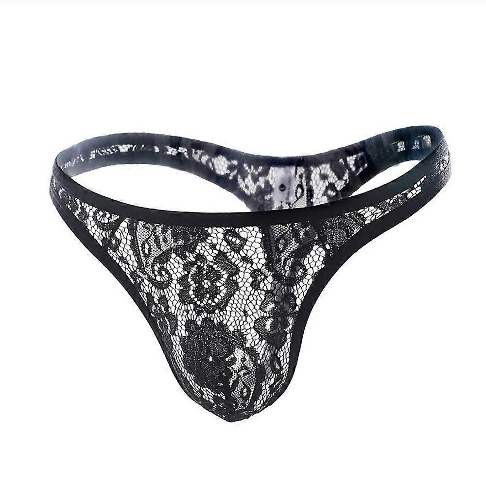 Thong Lace Men's T-Back G-String Black XL with Floral Pattern Embroidery, Transparent Breathable Low Waist Elastic Underwear