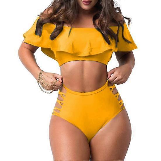 2Pcs/Set Sexy Off Shoulder Bikini Set Ruffled Trim Bandeau Bra High Waist Hollow Out Swimming Trunks Set Push Up Swimwear