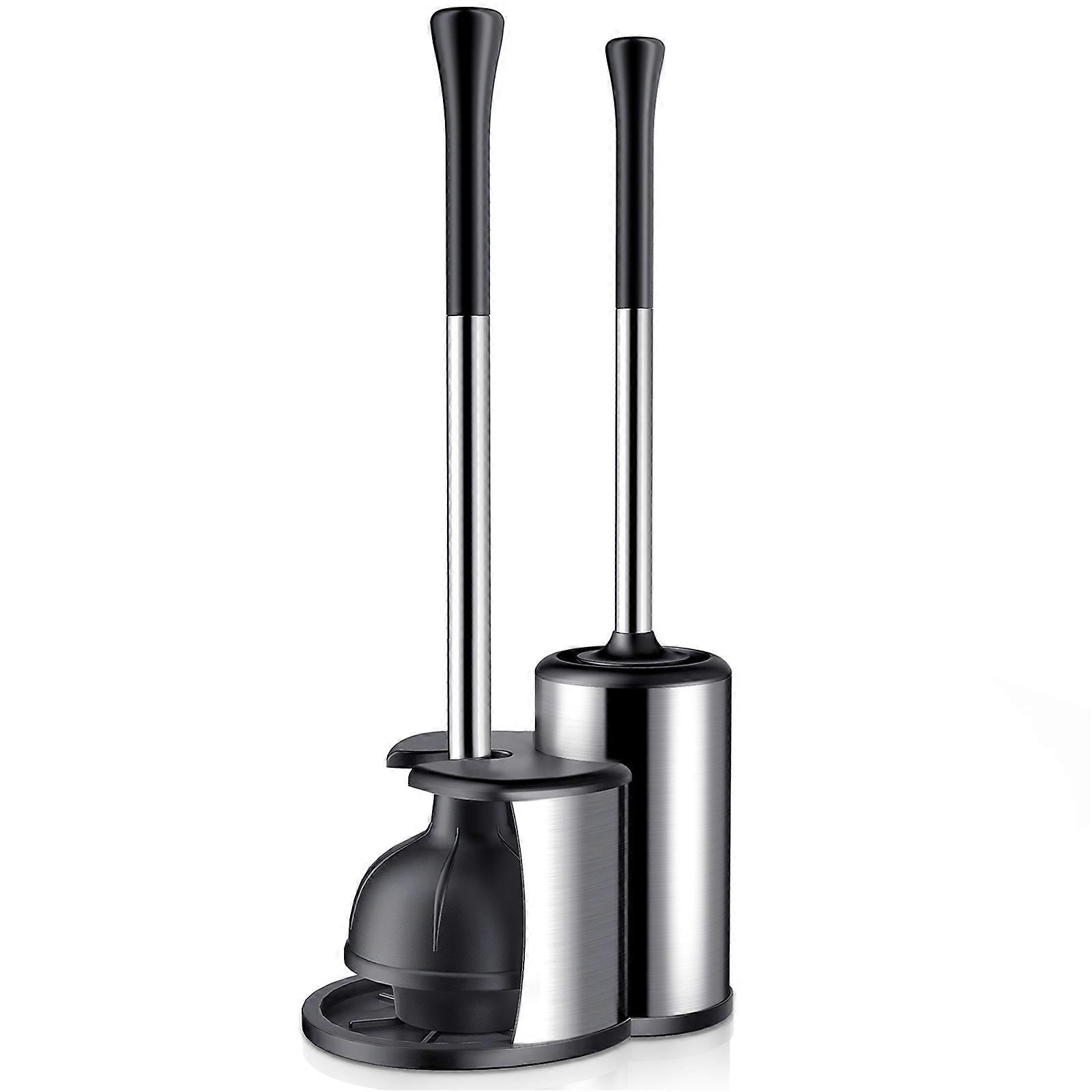 Hamitor 1 Set Plunger and Brush 2 in 1 Cleaning Tool Kit with Holder Sucker Cup for Home Bathroom Cleaning Silver