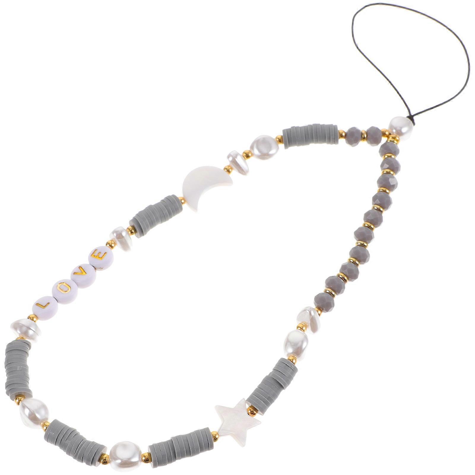 Cute Phone Charm Strap with Beaded Lanyard and Moon Star Design for Mobile Phone Grey