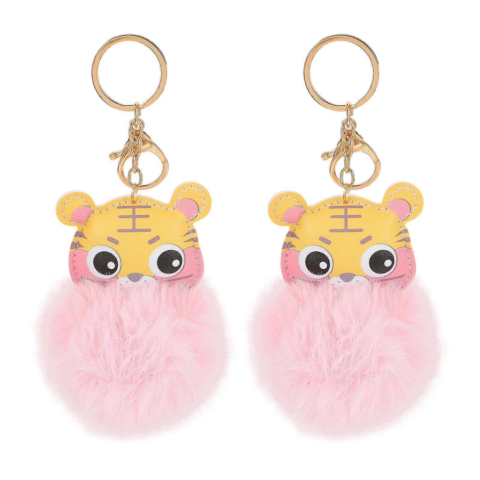 Fuzzy Tiger Key Chains For Bag And Key Decoration In Pink Created From Zinc Alloy And Faux 2Pcs