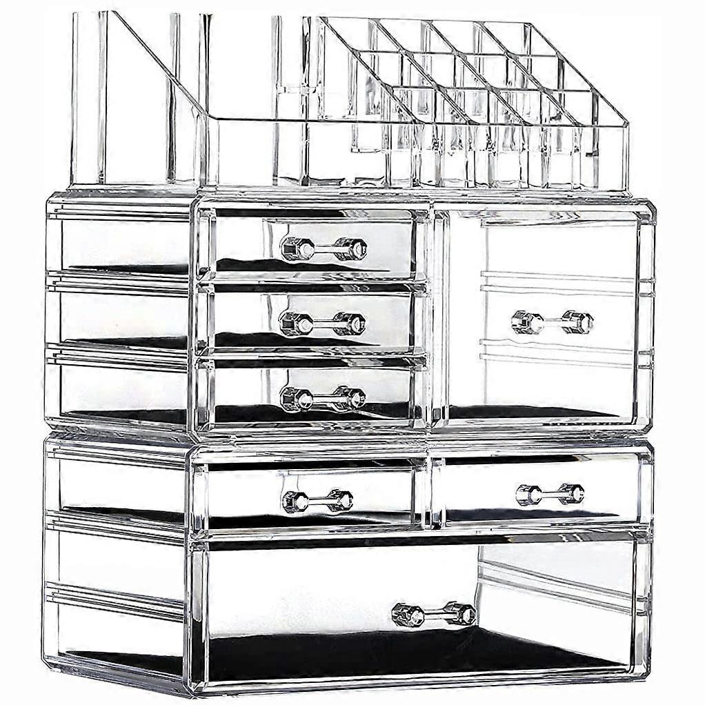 Clear Makeup Organizer Stackable Large 7-Drawer Cosmetic Case With Top Tray, Set Of 3, Medium For Jewelry
