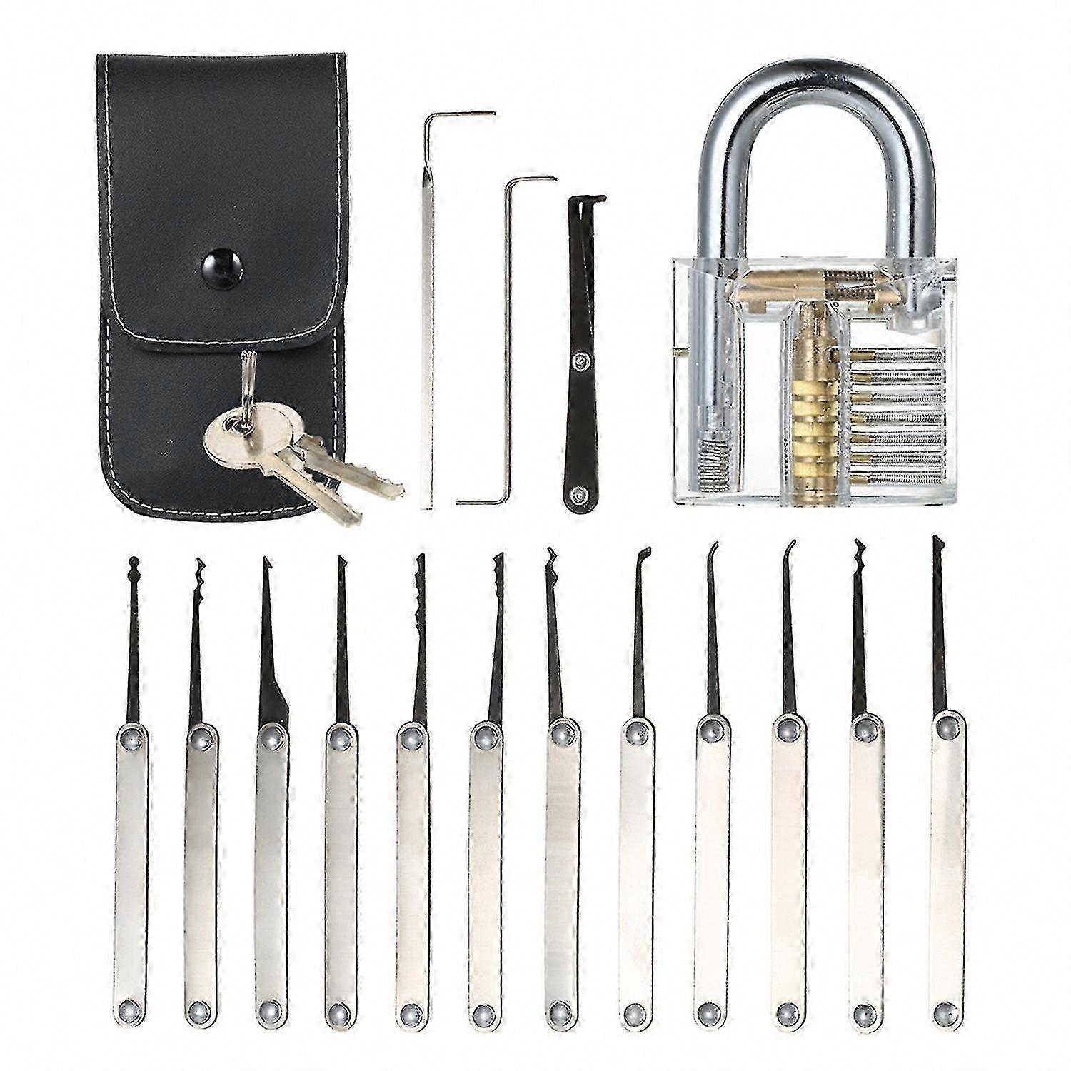 15pcs Lock Picking Set with Transparent Practice Padlock for Locksmith Beginners
