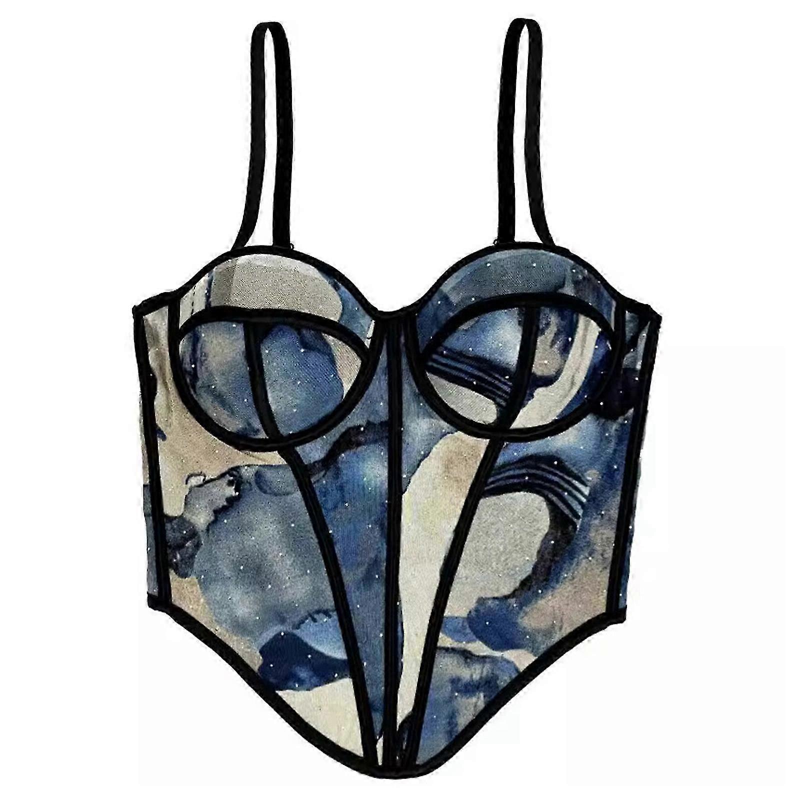 Women Abstract Printed Fish Boned Asymmetrical Bustier Vest Bra Spaghetti Strap Push Up Corset Camisole Crop Tanks Top 40 light blue