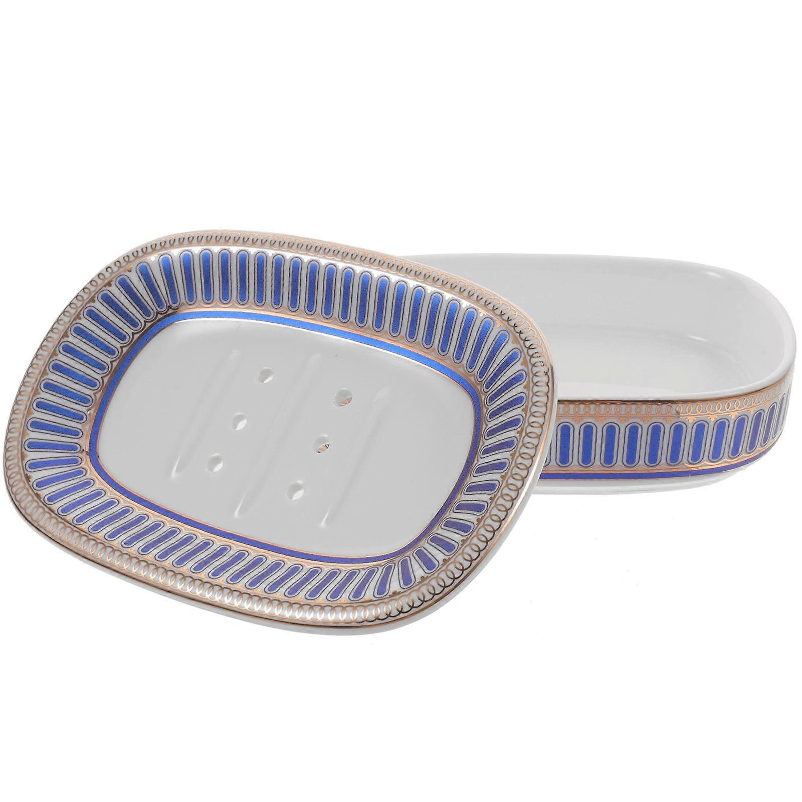 Fancy Soap Dish Self Draining Container Kitchen Use Blue Ceramic Functional 1Pack