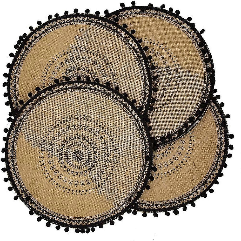 LOVEVER Boho Round Placemats Set of 4 Jute Linen with Macrame Table Mats for Dining Table Farmhouse Table Placemats Dia 15”
