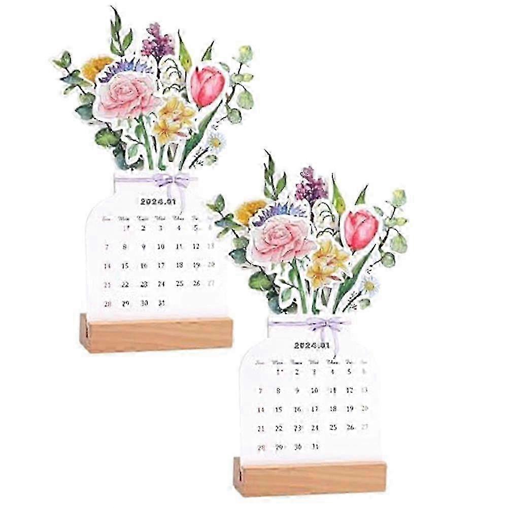 2024 Floral Desk Calendar with Wooden Base, Creative Design for Your Workspace