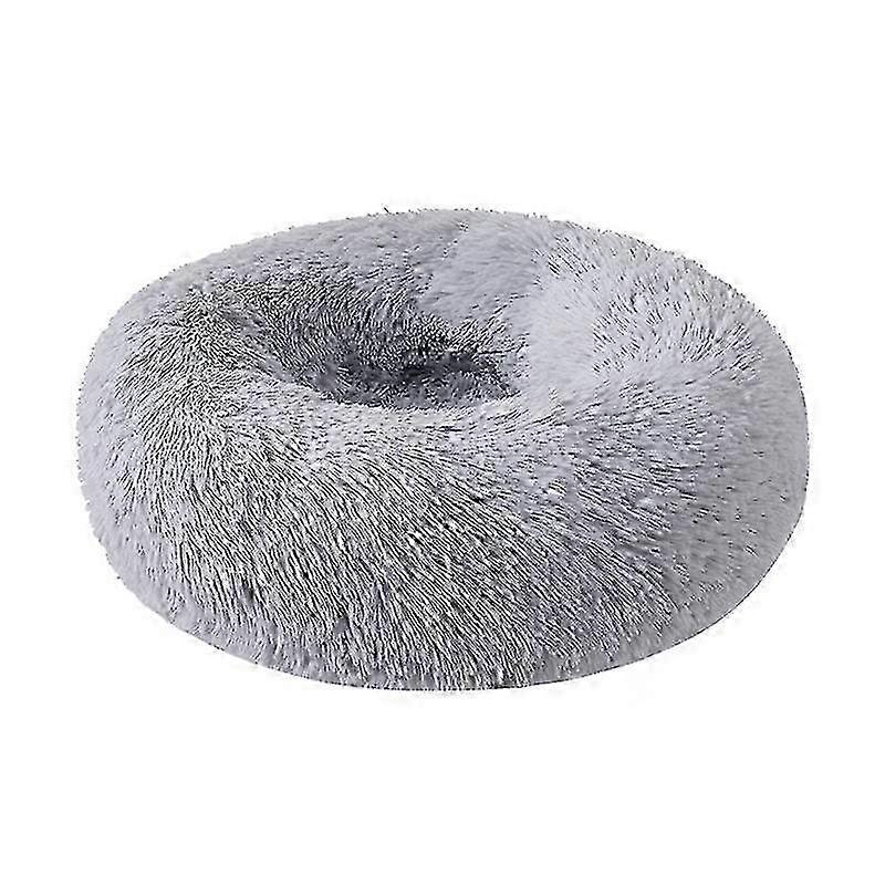 Fluffy pet bed, donut cushion, washable with removable padding, long plush, 60 cm diameter, light gray