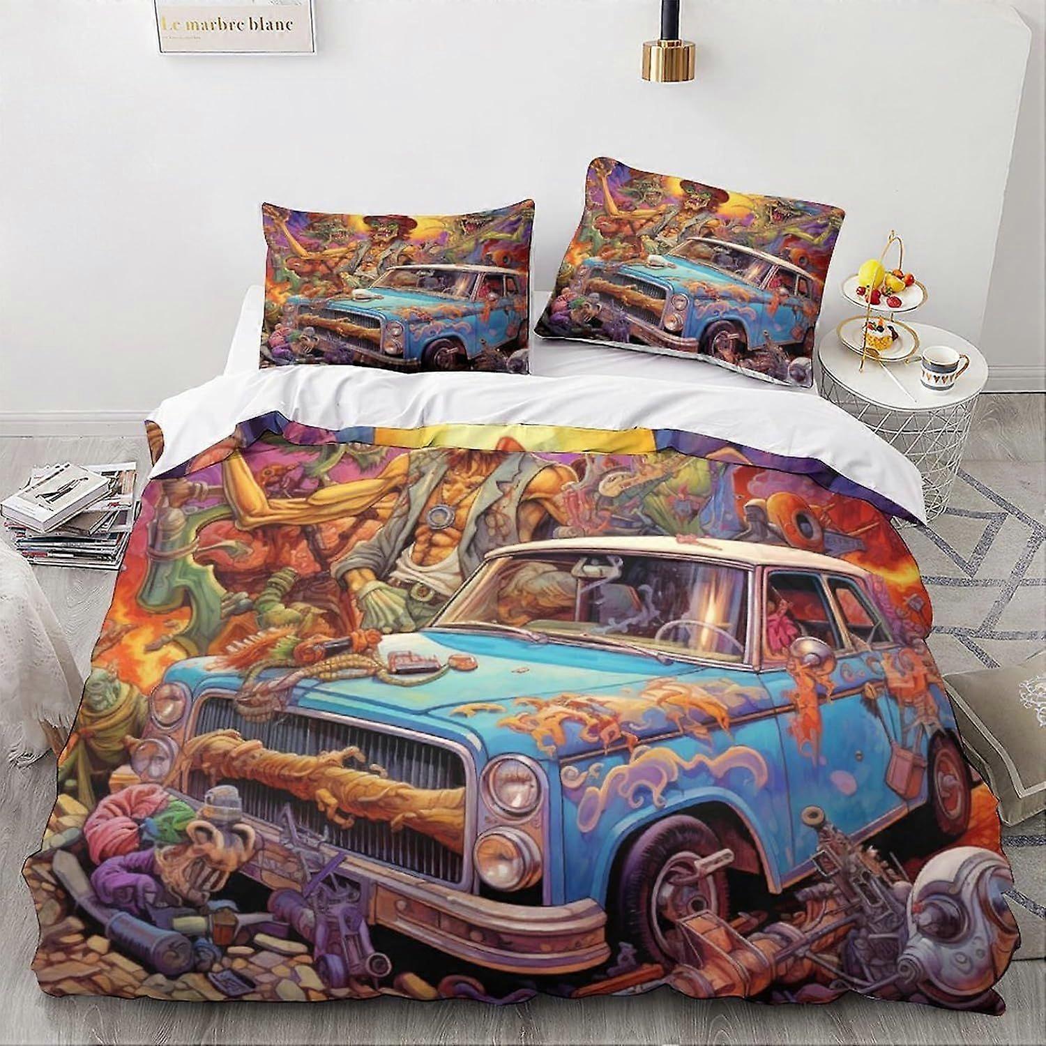 LikeEj monstros capa edredom, 3D carro vintage roupa de cama dos desenhos animados capas de colcha, capa de cama de microfibra com fronhas de casal