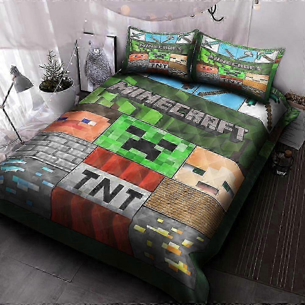 V2119 Lençóis Minecraft Colcha Capa de Edredom Conjunto de Cama Decoração de Quarto Fronha Conjunto de Cama de 3 Peças (1 Capa de Edredom + 2 Fronhas) Cama Sh