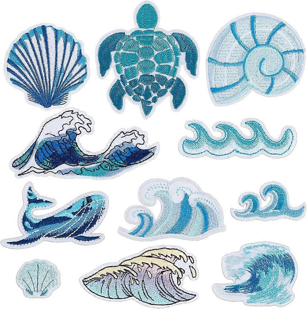 22pcs 11 Styles Ocean Theme Embroidered Patch Wave Whale Shell Shape Sea Turtle Sewing on Iron on Applique Fabric Hide Damage Decorating for Repair Cl
