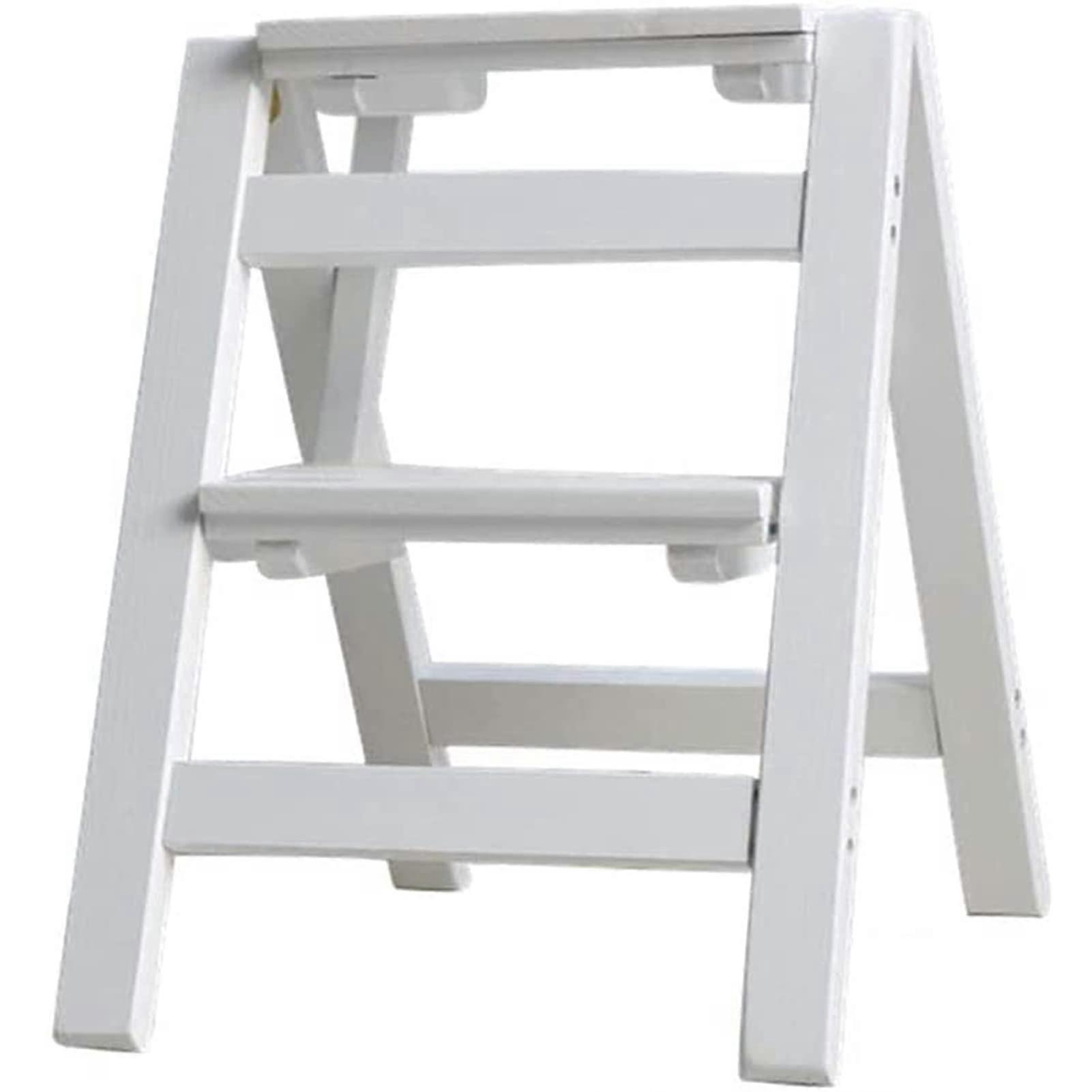 Solid Wood Folding Step Stool Ladder with 3 Tiers for Home Use, White and Natural Wood, 2 Steps