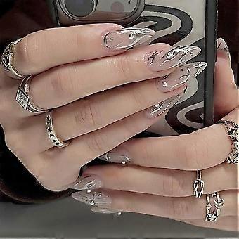 24 PCS Press on Nails Almond - French Tip Medium Gel Nail Fake Nails, Glue On Nails Kit, Reusable False Nails with Mini Nail File for Women- Almond S