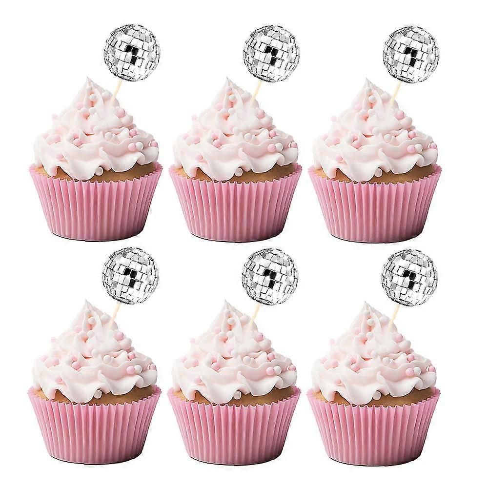 24Pcs Silver Disco Ball Cake Toppers with Sparkling Mirror Finish for 70s Disco Party Decorations