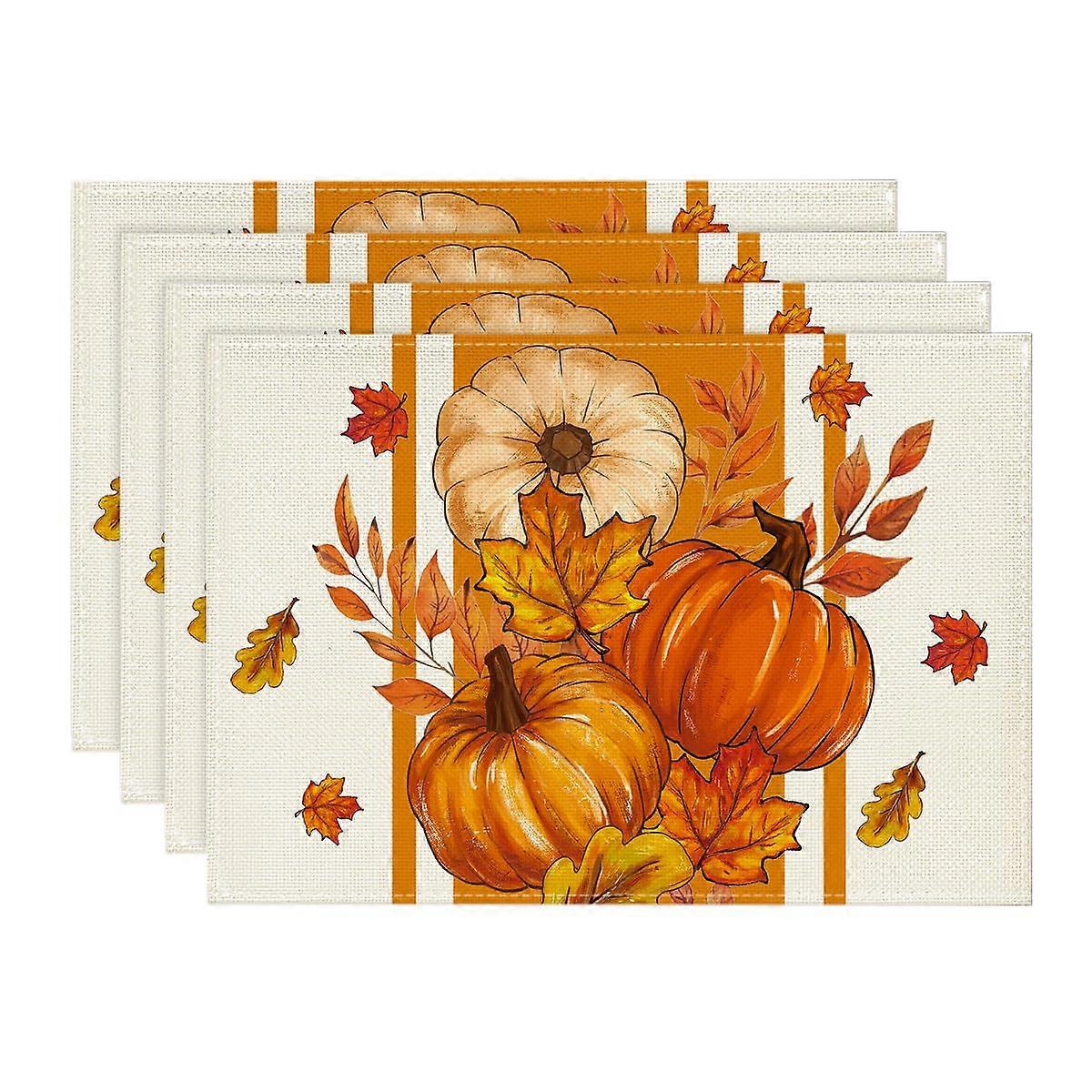 Pumpkin Fall Table Placemats Set of 4 Autumn Thanksgiving Orange 12x18 Durable Hemmed Edges