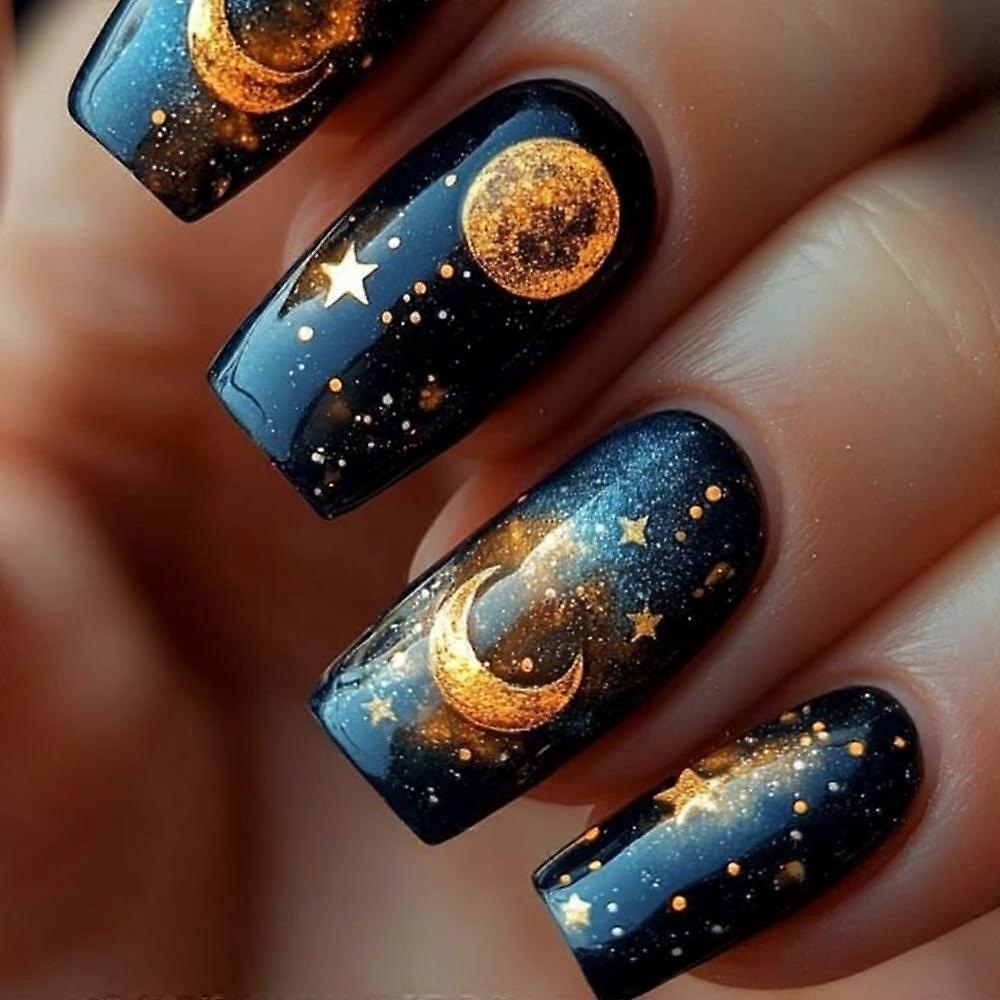 Medium Square Press on Nails Gradient Black Sky with Gold Star Moon Design, 24Pcs Reusable Set