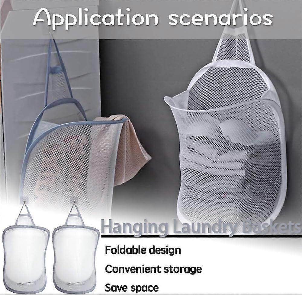 2 PCS Collapsible Laundry Basket Hanging Hamper with Handle, Foldable Mesh for Dorm Bathroom Storage Gray