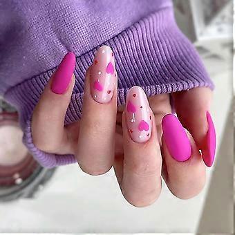 Valentinstag Mandel-Press-On-Nägel, rosa Herz, Acryl-Set, mittelglänzend, zum Aufkleben, 24 Stück