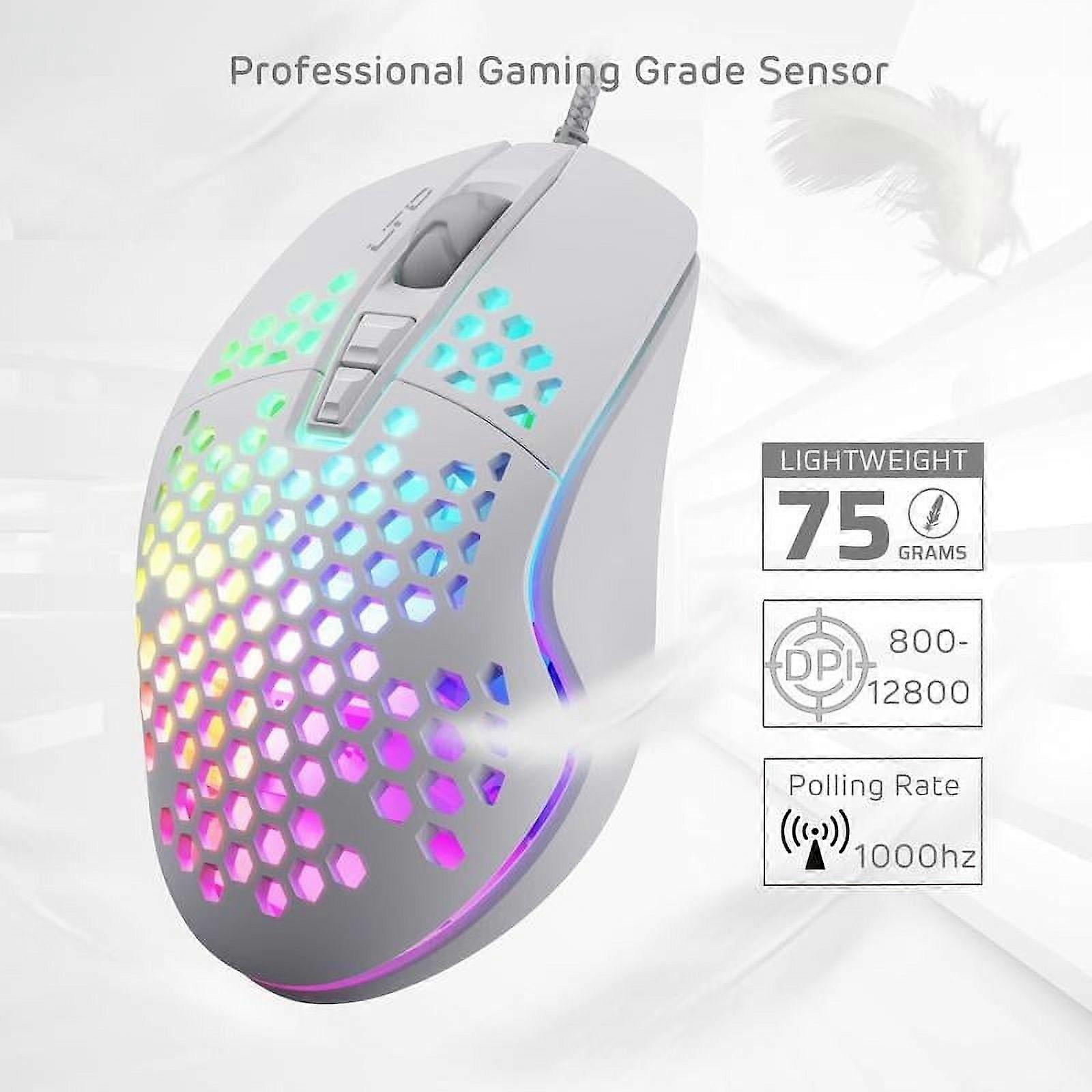 Gaming Mouse with 2 Side Buttons, Lightweight Honeycomb Shell, Adjusted 12800DPI, 7 Programmable Buttons, Software Support, White