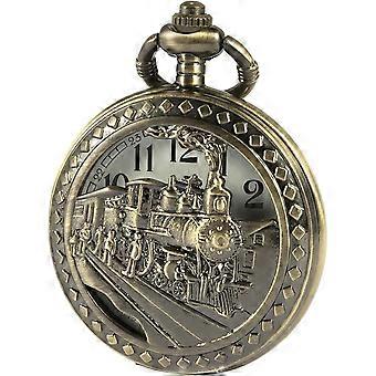 Halb-Jäger-Taschenuhr im 3D-Dampflokomotiv-Design aus Bronze mit Kette und Quarzwerk