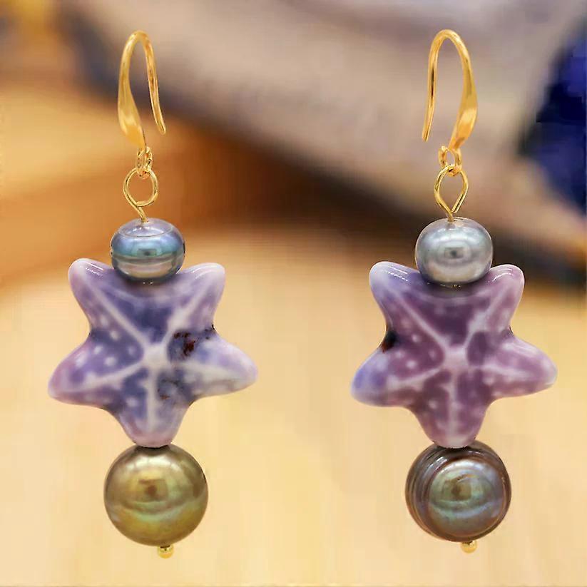Purple Ceramic Starfish Pearl Earrings