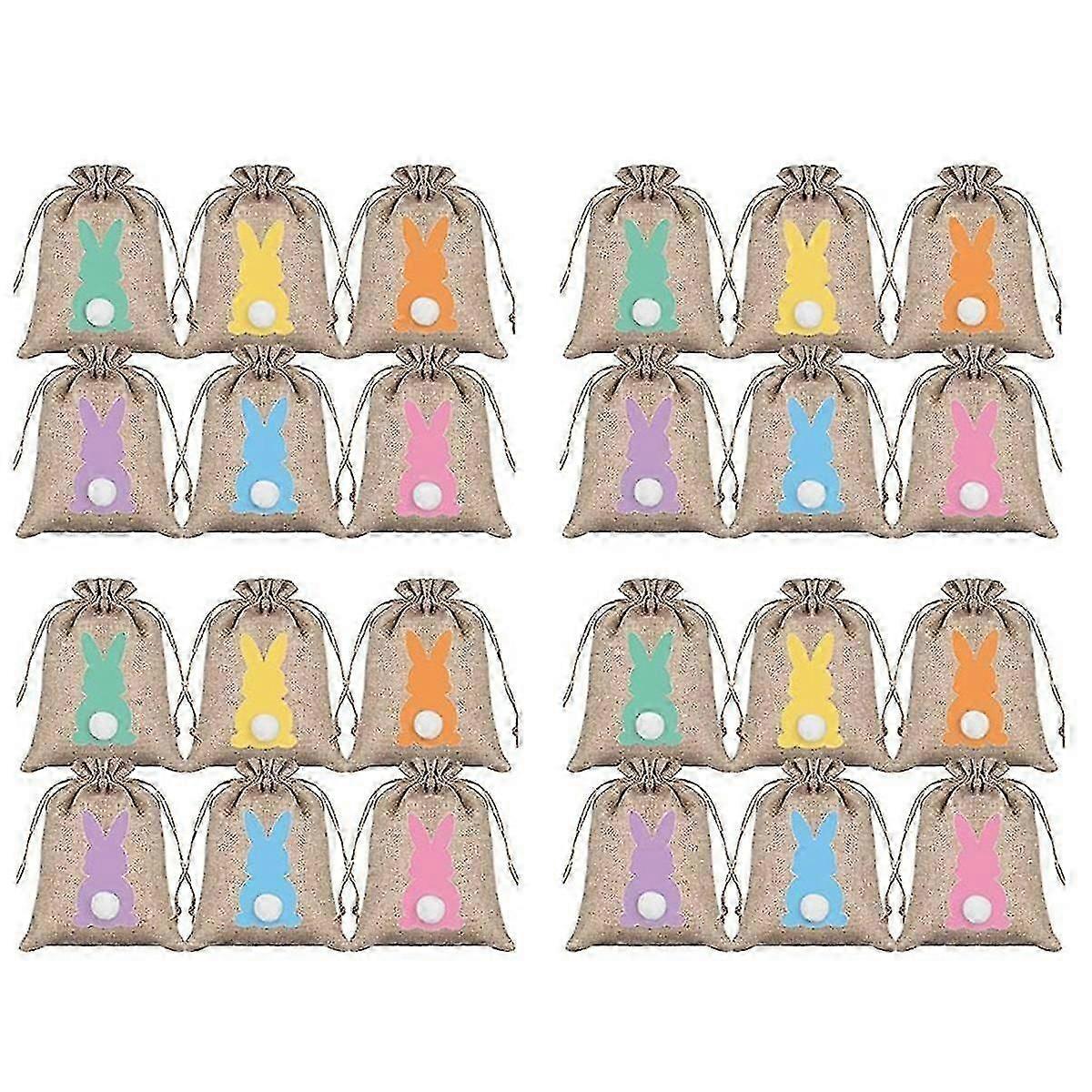 24pcs Easter Burlap Drawstring Gift Bags with Bunny Linen