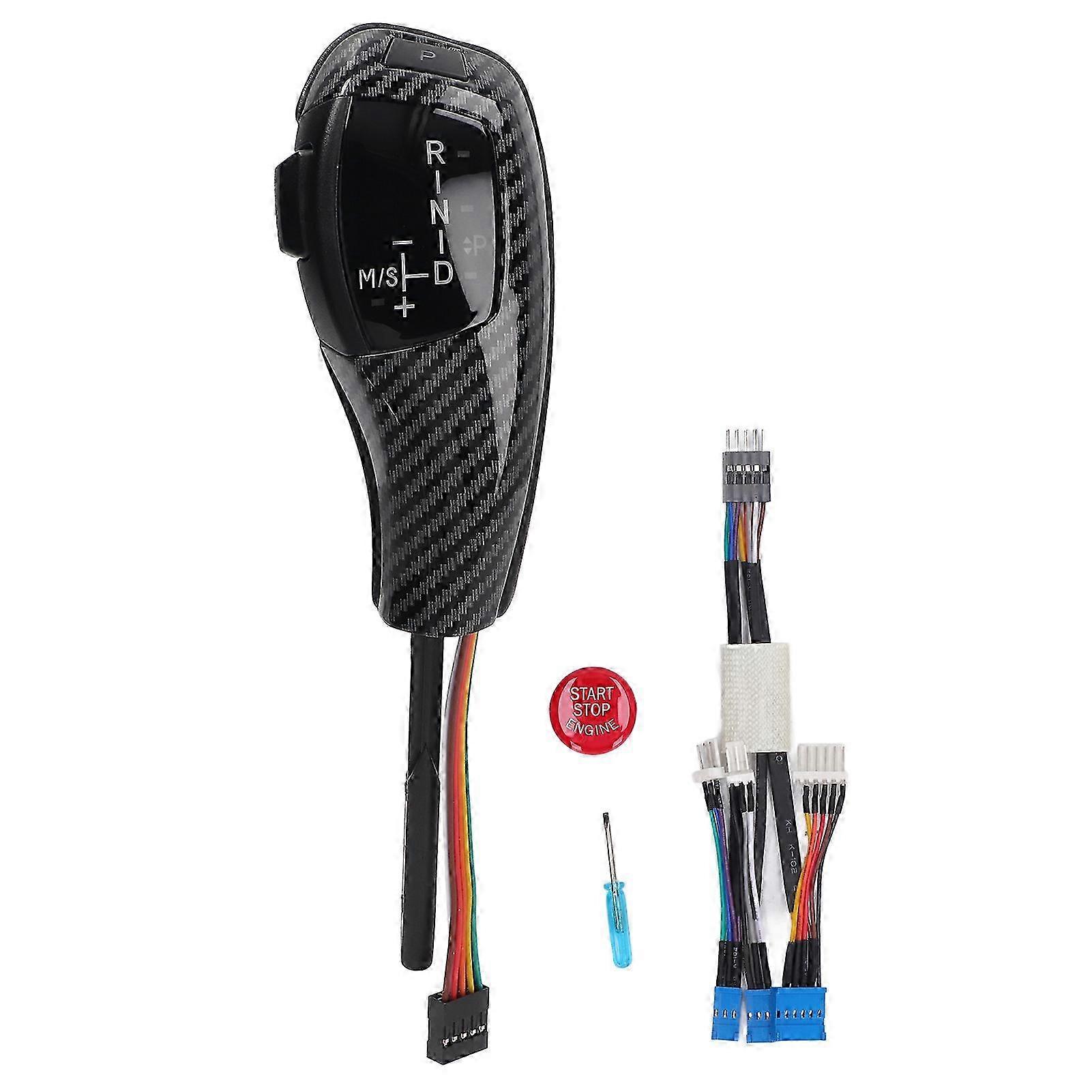 carbon fiber style shift lever compatible with E60, E61, and E46 models, featuring LED lights and an engine start/stop button.