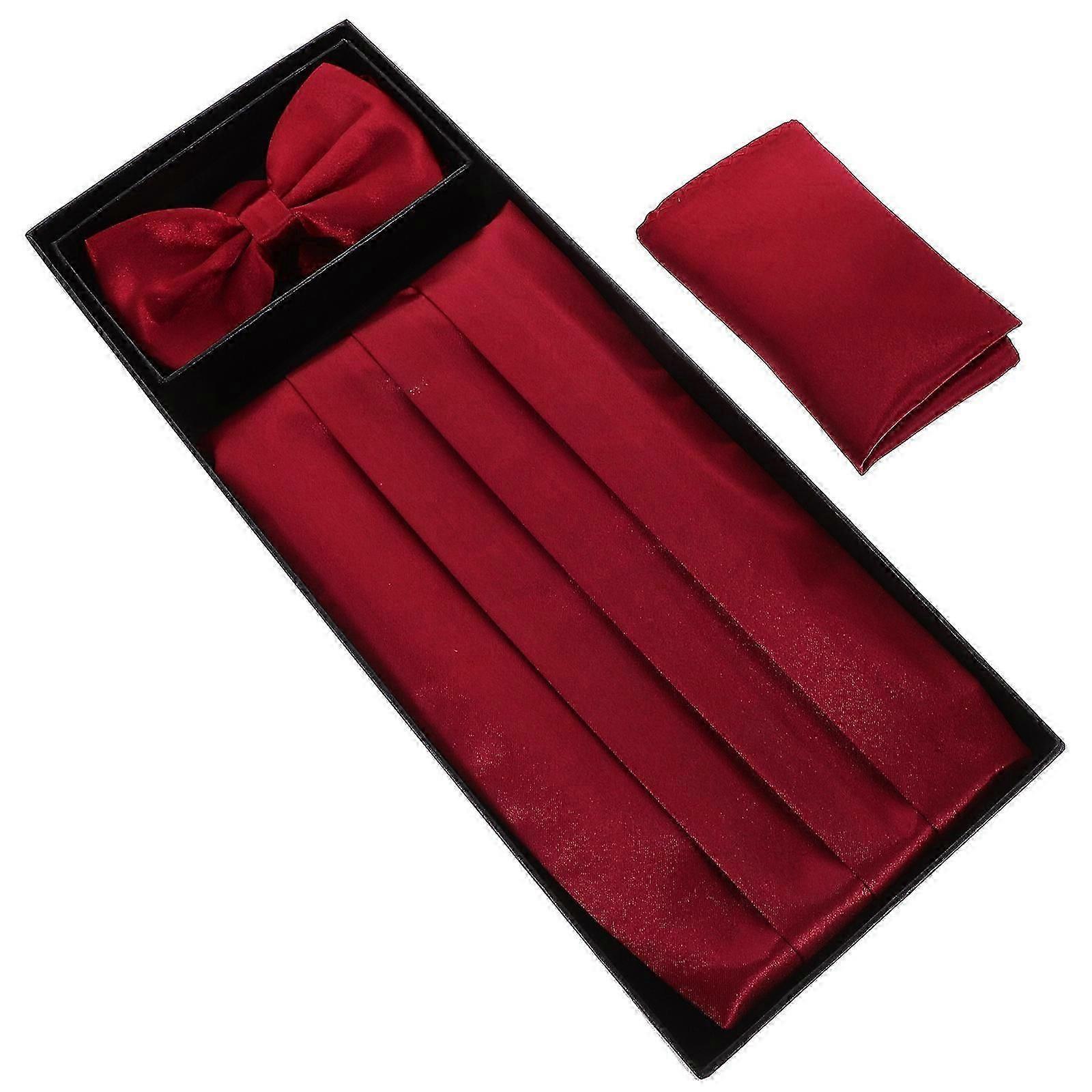 Cummerbund Bow Tie Handkerchief Set for Men 1Set Dark Red Polyester